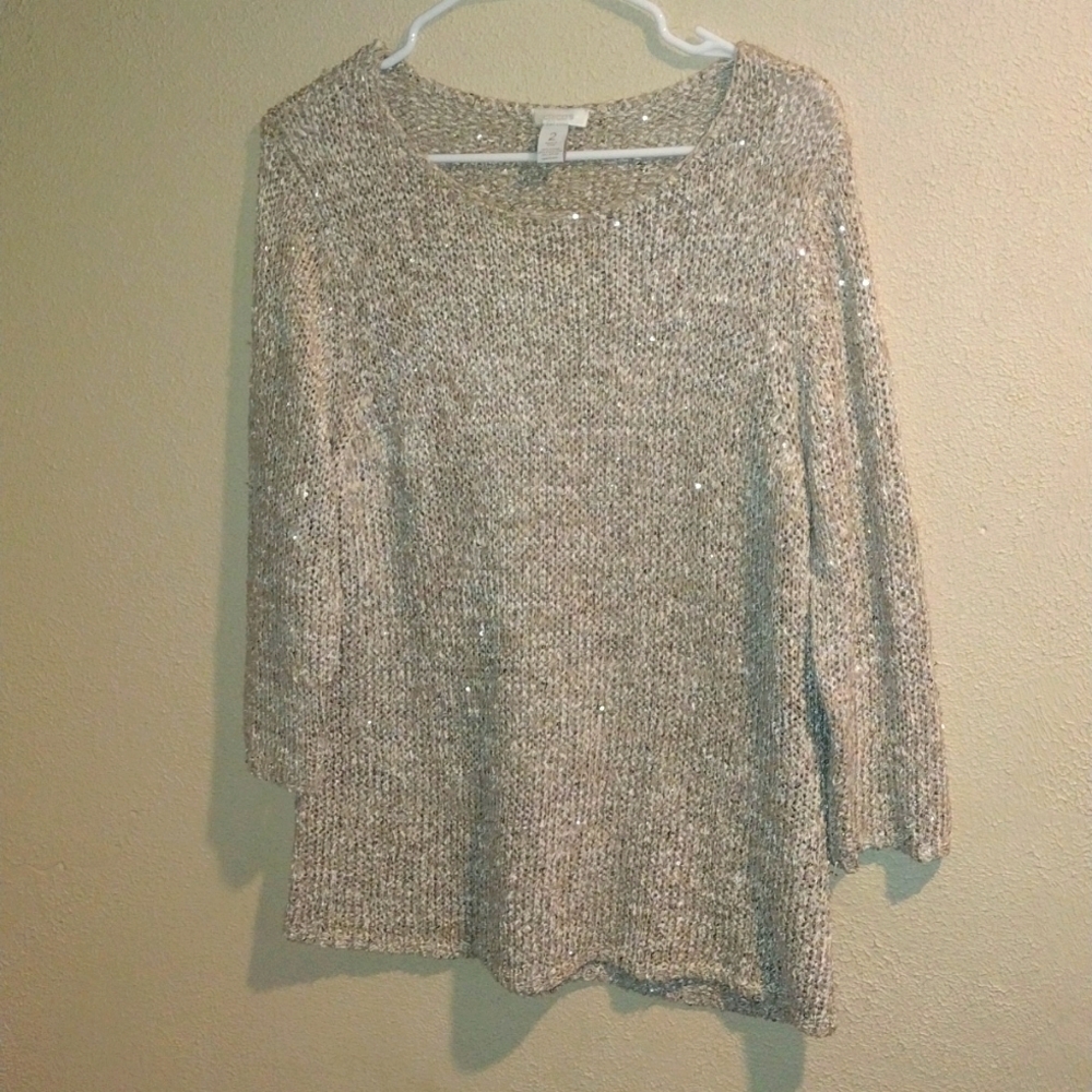 Chico’s Champagne Metallic Sequin Pullover Sweater 3/4 Sleeve 2/M